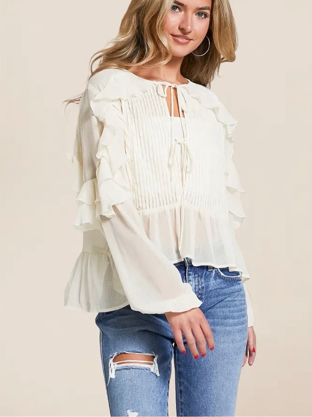 Willow & Root Women's Cream Ruffle Peasant Blouse - Lightweight Tie Front
